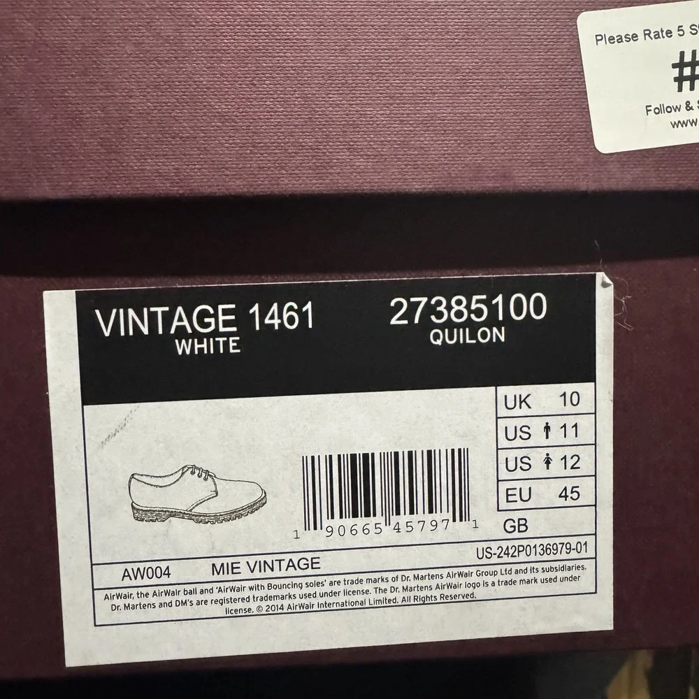 DR MARTEN 1461 VINTAGE White Quilon Unisex MADE in ENGLAND MEN US 11 UK 10 New